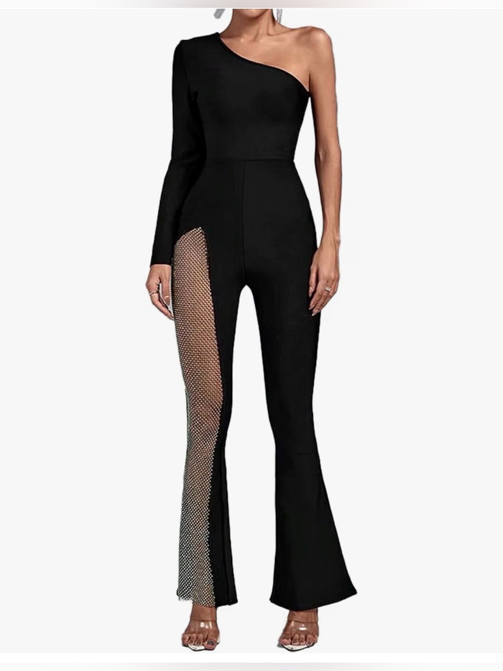 Bella Barnett one shoulder mesh leg jumpsuit